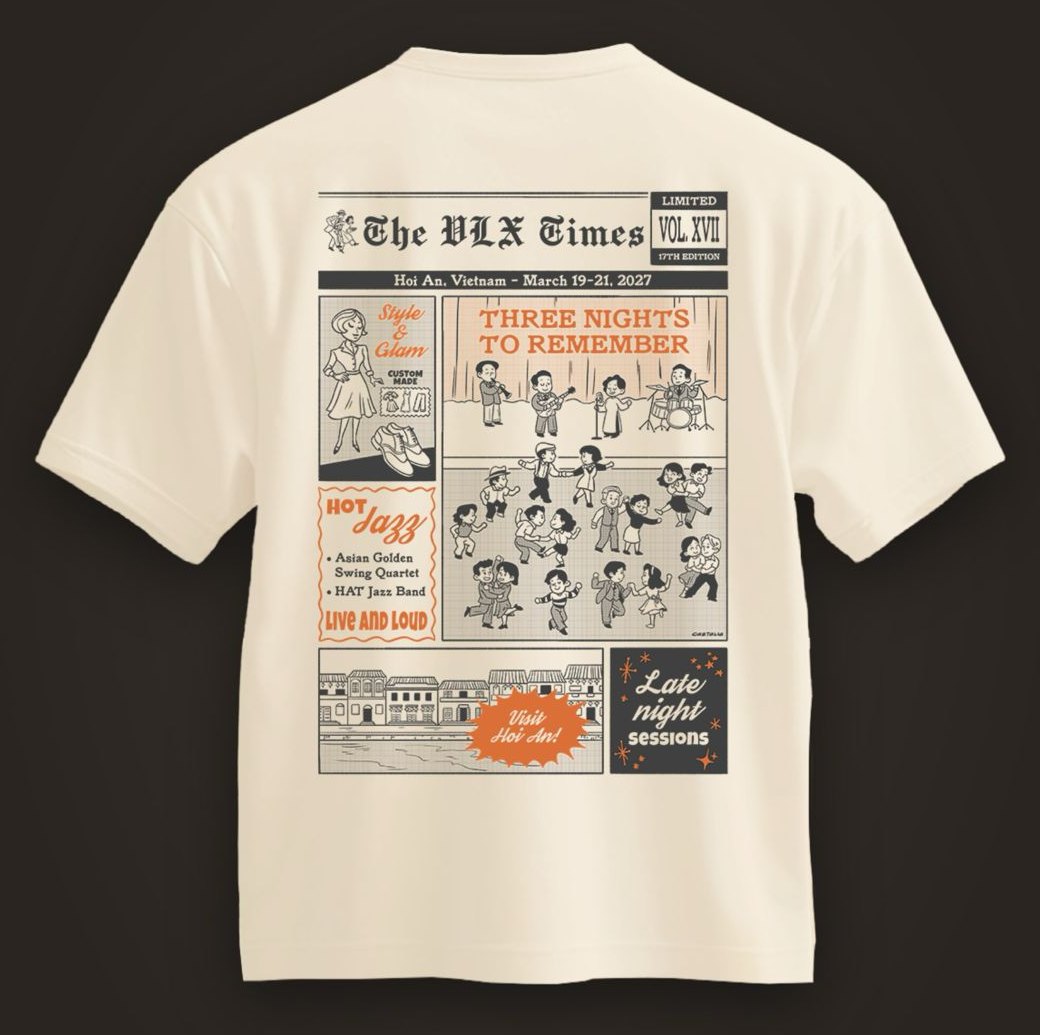 VLX 2027 T-shirt, back — The VLX Times newspaper-style print with live-music and dance illustrations
